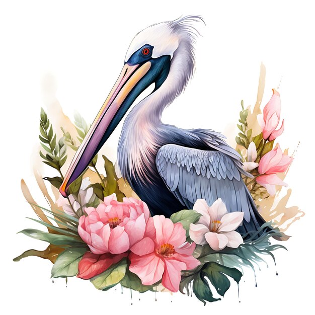 Watercolor pelican bird surrounded with sea roses flower foc on white background digital art