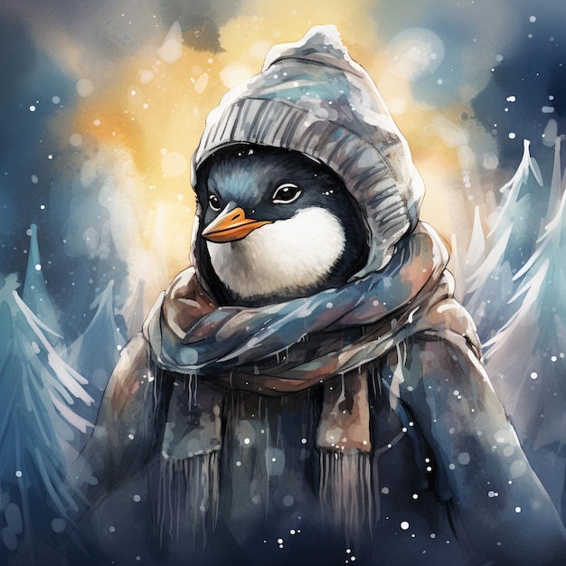 ウィネルの雪景色のデジタル アート技術のスタイルの水彩画のペンギン