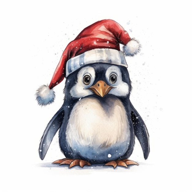 watercolor penguin with red hat clipart