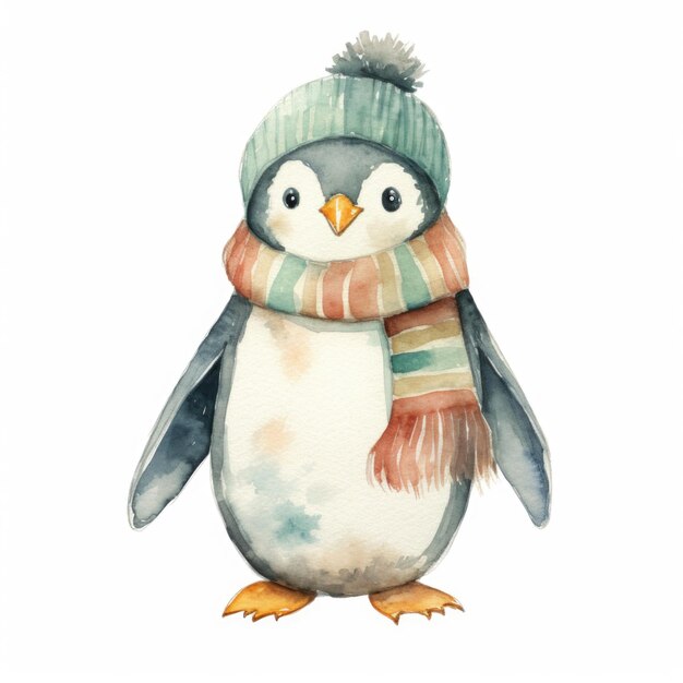 Watercolor penguin with scarf and hat isolated on white background
