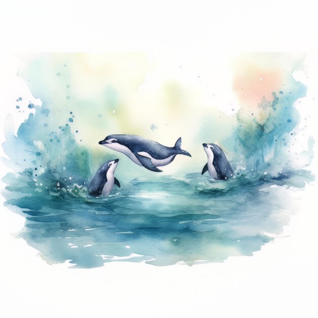 Watercolor penguins in the sea