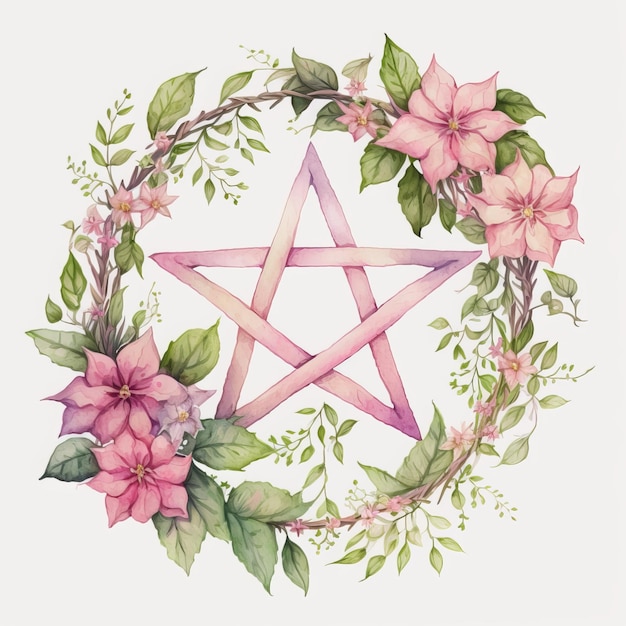 Photo watercolor pentagram clipart pink floral pentacle