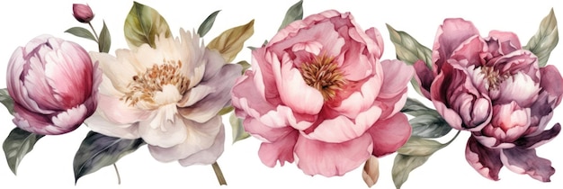 Watercolor Peonies Set on White Background