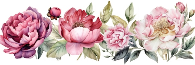 Watercolor Peonies Set on White Background