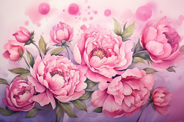 watercolor peony flowers on pink background