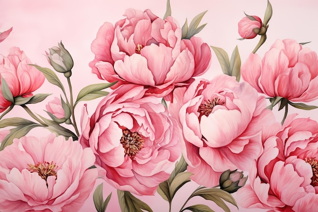 Photo watercolor peony flowers on pink background