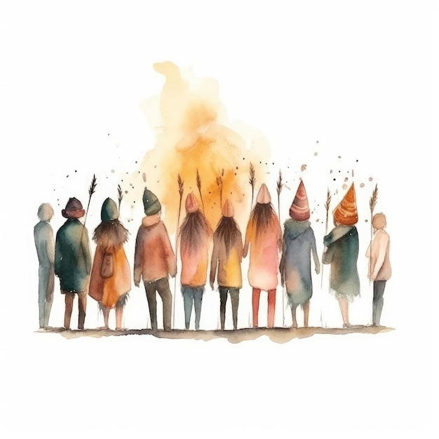 Photo watercolor people dancing around a bonfire