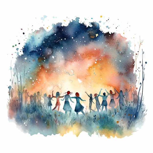 акварельные люди танцуют в поле под звездным ночным небом