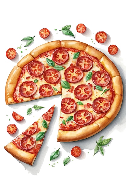 Акварель пепперони пиццы иллюстрация на белом