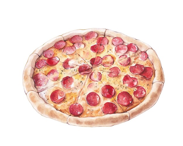 Photo watercolor pepperoni pizza illustration on white