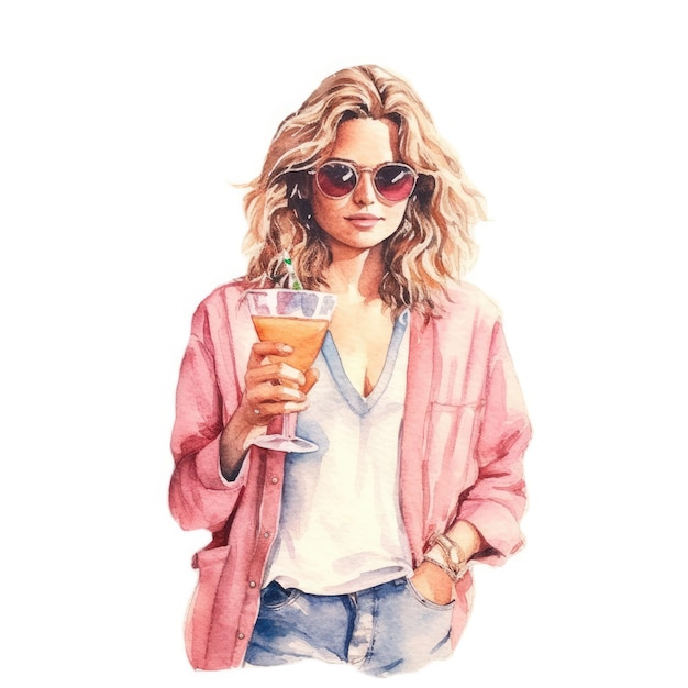 Watercolor of a person holding a cocktail with a pair of sunglasses