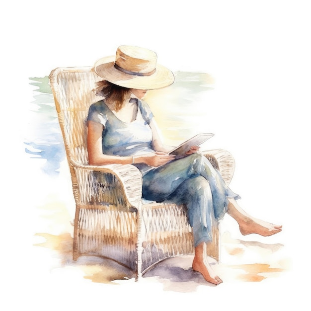 watercolor of A person sitting on a beach chair reading a book