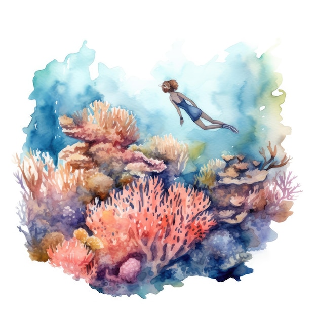 Photo watercolor of a person snorkeling in a coral reef