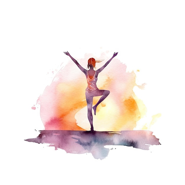 Watercolor of A person in a yoga pose with a sunset background