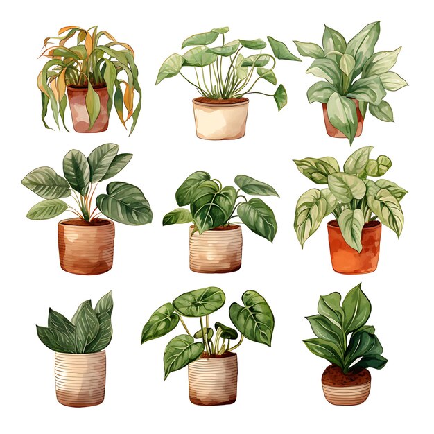 Watercolor of Philodendrons Metal Pots With Copper Wire Earth Tones Basic Digital Illustration Art