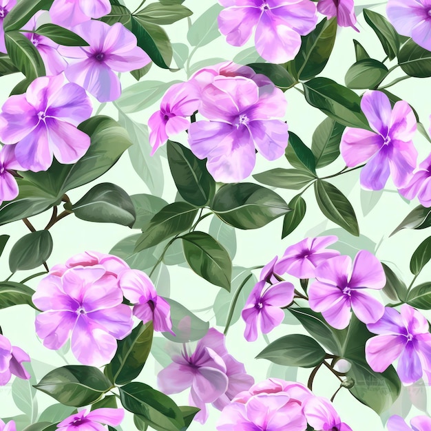 Watercolor phlox flowers with leaves seamless pattern