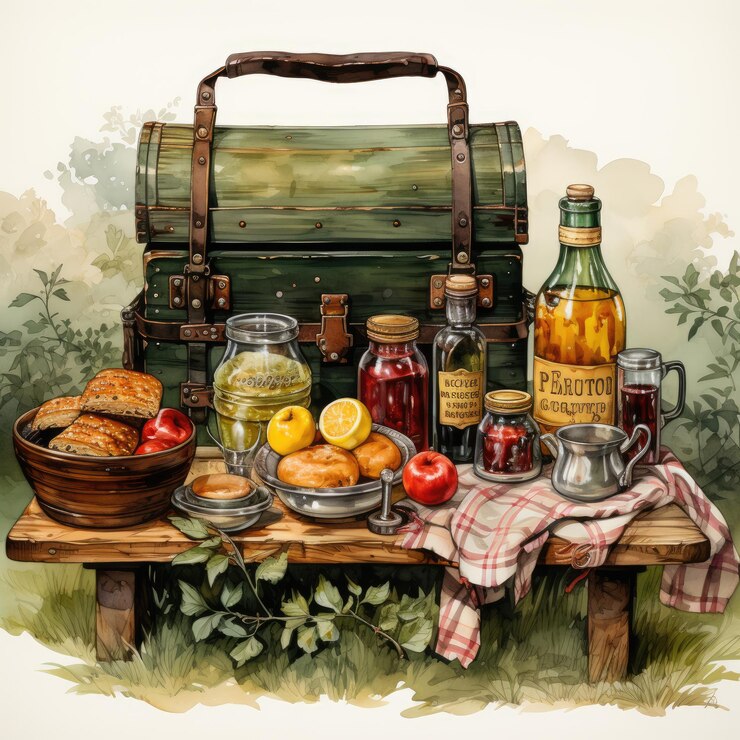 Photo watercolor picnic scene sublimation clipart generative ai