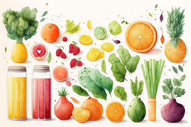 A watercolor picture of fruits, vegetables, and a bottle of juice.