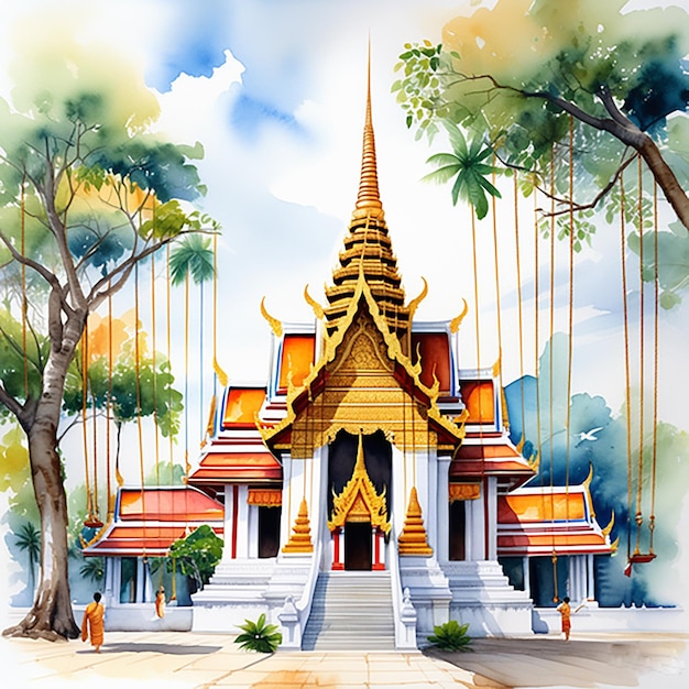 Watercolor pictures of Thai temples