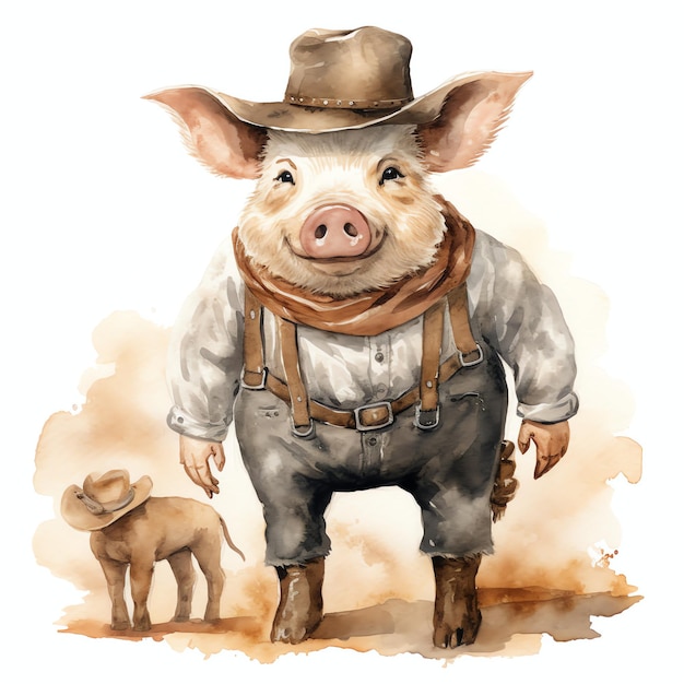 watercolor pig western wild west cowboy desert illustration clipart