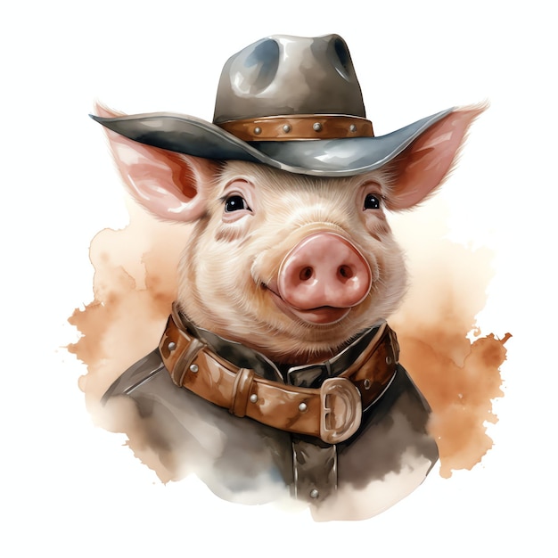 watercolor pig western wild west cowboy desert illustration clipart