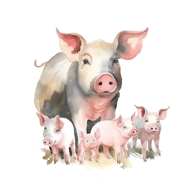 Watercolor pig with little piglets isolated on white background Hand drawn illustration of a pig