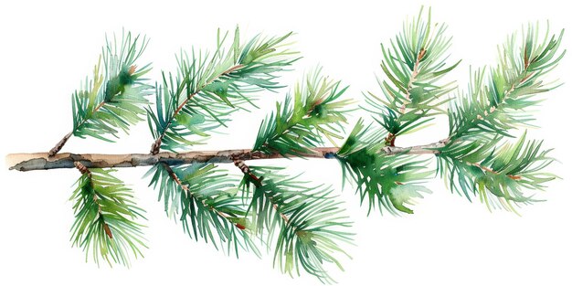 Photo watercolor pine branch with green needles generative ai