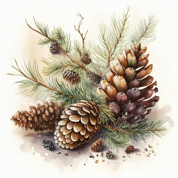 Watercolor Pine Cones Winter Illustration