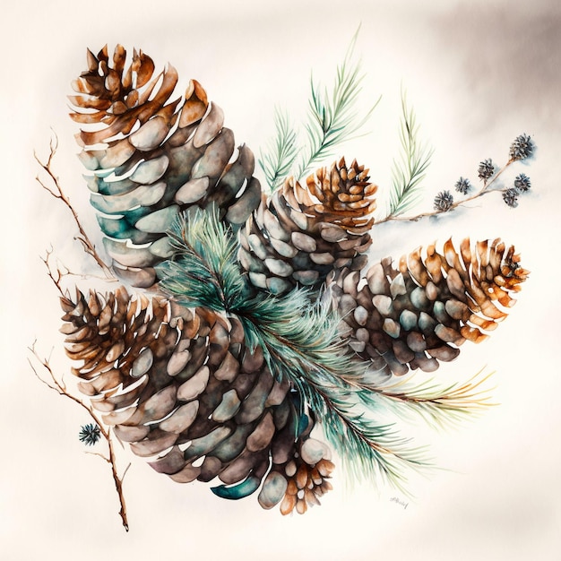 Watercolor Pine Cones Winter Illustration