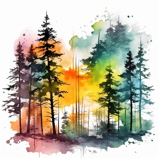 Watercolor pine trees isolated on white background Hand drawn illustration