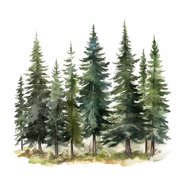 Watercolor pine trees isolated on white background Hand drawn illustration