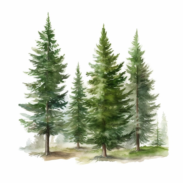 Watercolor pine trees isolated on white background Hand drawn illustration