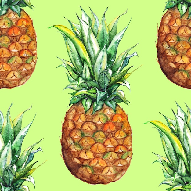 Watercolor pineapple exotic tropical fruit seamless pattern texture background