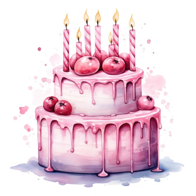 акварель розовый праздничный торт со свечами изолированы