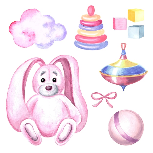 Watercolor pink bunny with baby toys colorful pyramid and spinning top pink cloud set of