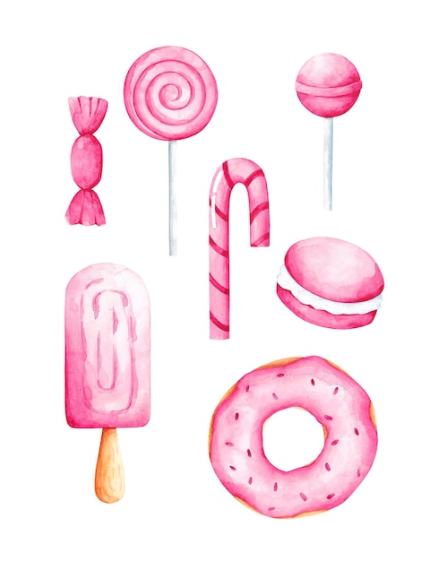Набор акварельных розовых конфет. Плакат со сладкой едой, коллекция. Мороженое, пончик, конфетная карта