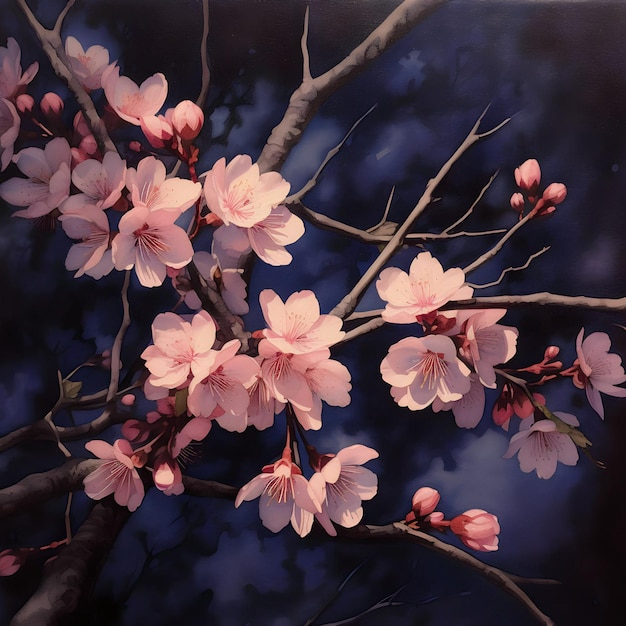 Watercolor of pink Cherry blossom at night