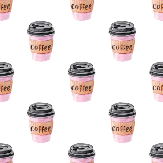 Watercolor pink coffee cup seamless pattern on white
background