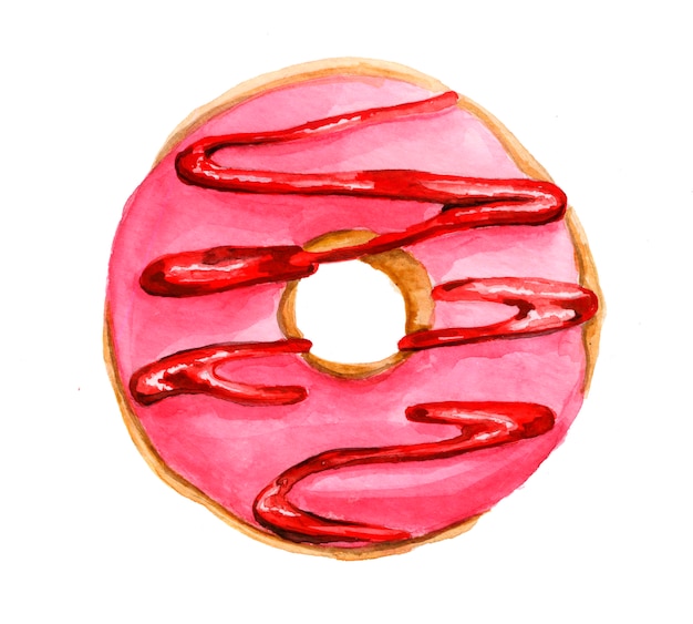 Watercolor pink donut with jam isolated. Hand drawn watercolor illustration.