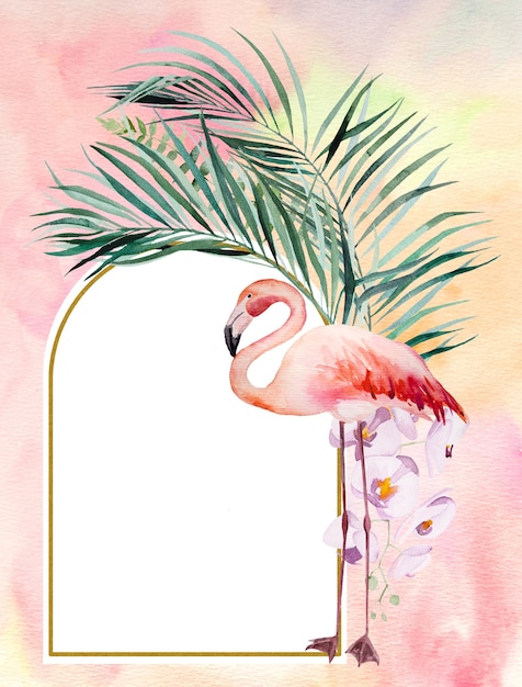 Watercolor pink flamingo, tropical leaves and flowers frame illustration with watercolor background. Wedding invitations,  stationary, greetings, fashion, posters