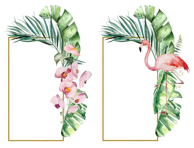 Watercolor pink flamingo, tropical leaves and flowers frames isolated illustration for wedding stationary, greetings, wallpaper, fashion, posters