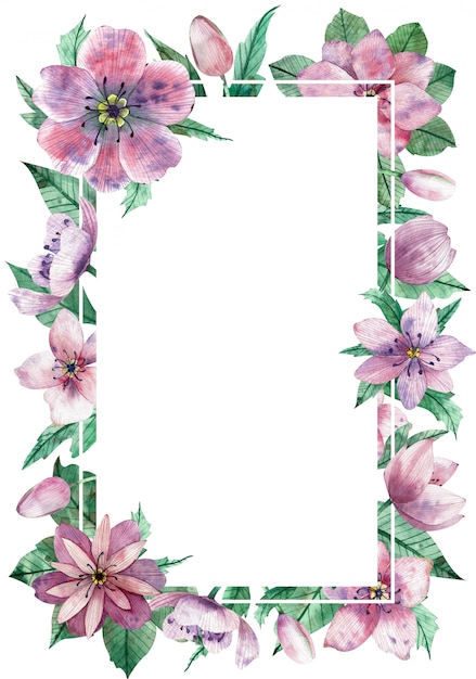 Watercolor pink floral vertical frame with the central white copy space for text