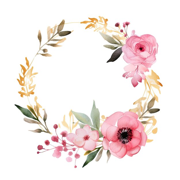 Watercolor pink floral wreath with golden circle