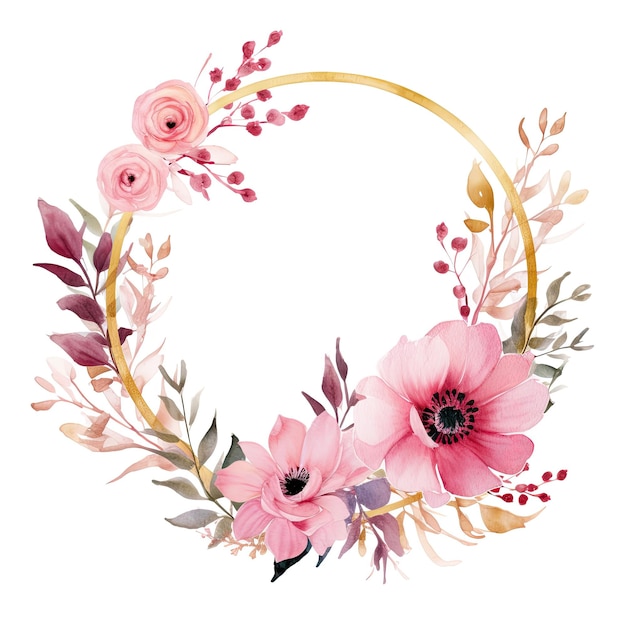 Watercolor pink floral wreath with golden circle