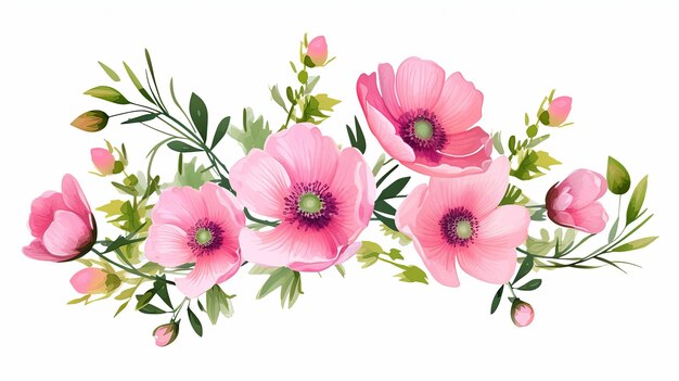 水彩のピンクの花束 クリパートイラストと白い背景の緑の葉の装飾の春の花の枝