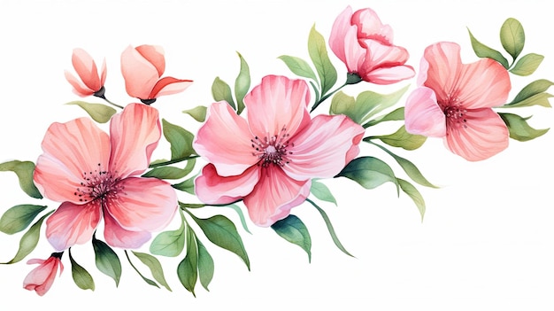 水彩のピンクの花束 クリパートイラストと白い背景の緑の葉の装飾の春の花の枝