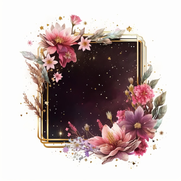 Watercolor pink flower with golden frame