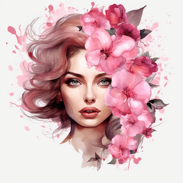 Watercolor Pink Flower Woman's Day Girl Face png White Background