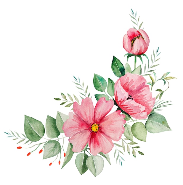 Watercolor pink flowers and green leaves bouquet illustration isolated