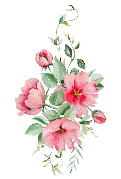 Watercolor pink flowers and green leaves bouquet illustration isolated